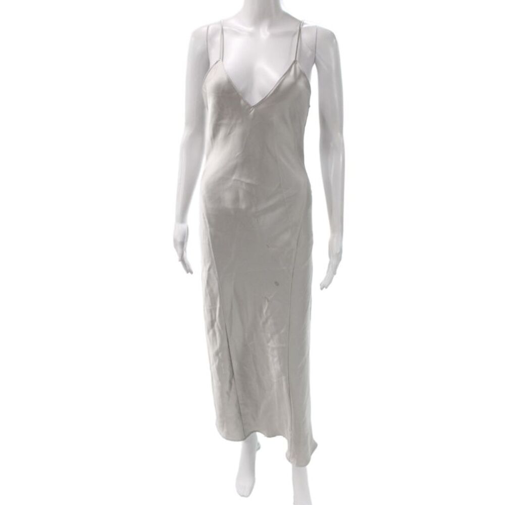 Zara Women Silver V-Neck Sleeveless Slip Dress Long Polyester Size XS